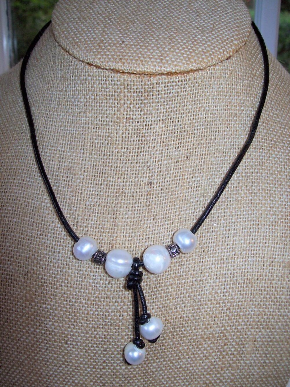 Cascading Pearls and Sterling Silver Leather Necklace